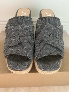 Denim Woven Espadrille Slide Wedges